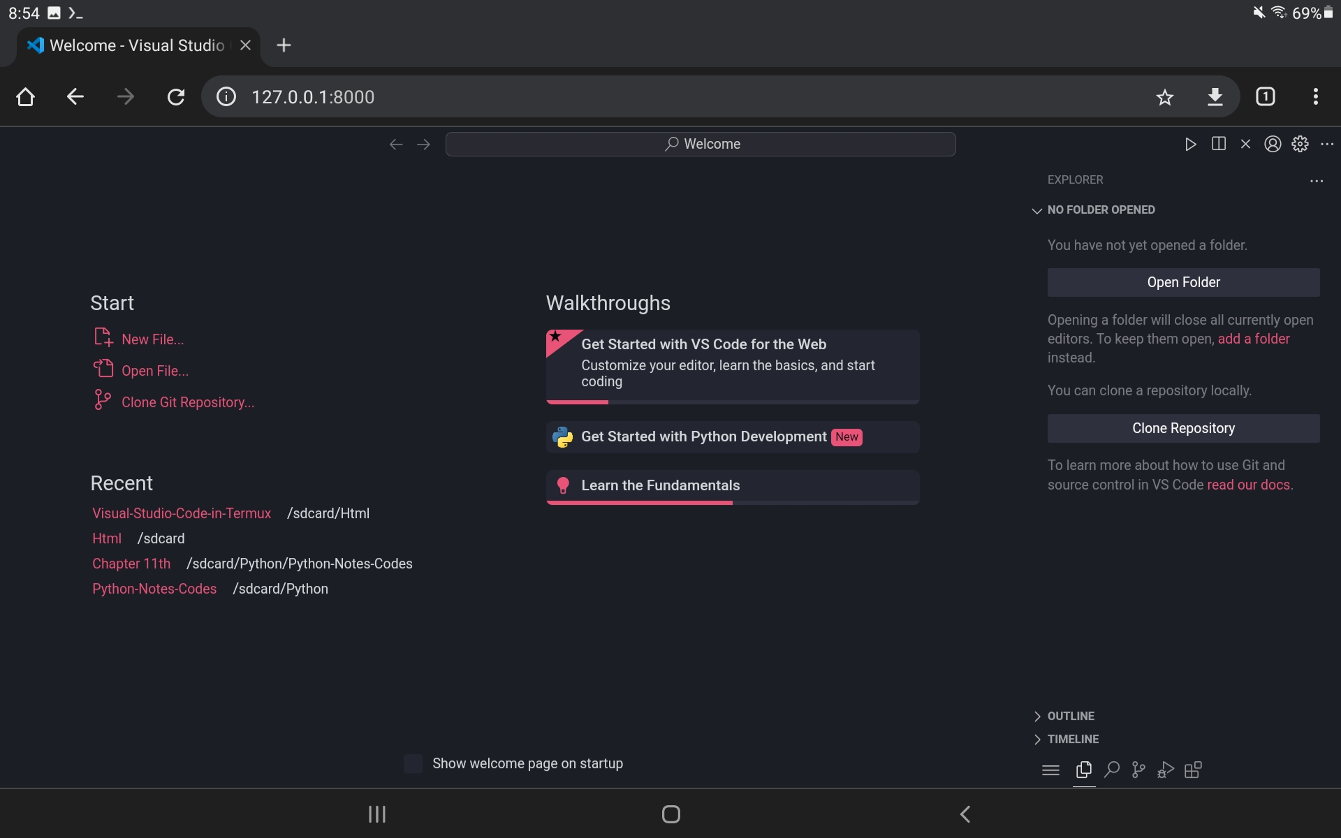 Screenshot of Visual Studio Code running on Android